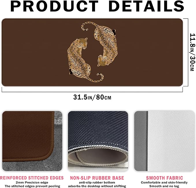 Cheetah Print Desk Mat, Brown Leopard Mouse Pad 31.5x11.8 | Leopard Desk Mat, Cheetah Office Decor, Preppy Desk Mat, Cheetah Large Gaming Mats, Brown Office Decor, Leopard Desk Decor