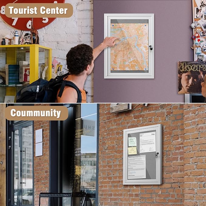 Mifuro 26"x20" Enclosed Bulletin Board, Outdoor Lockable Weather-Resistant Aluminum Cork Noticeboard for School & Office, Silver Frame w/Grey Flet
