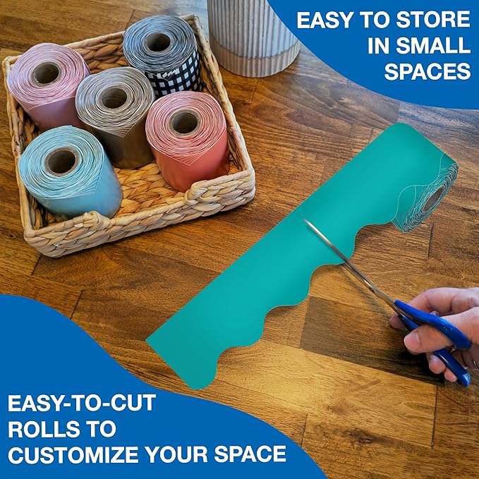 Carson Dellosa Education 65Ft of Teal Bulletin Board Borders, 1 Roll of Scalloped Trim for Rolling Whiteboard, Cork and Posterboard, Party, Office Decorations, and Classroom Decor