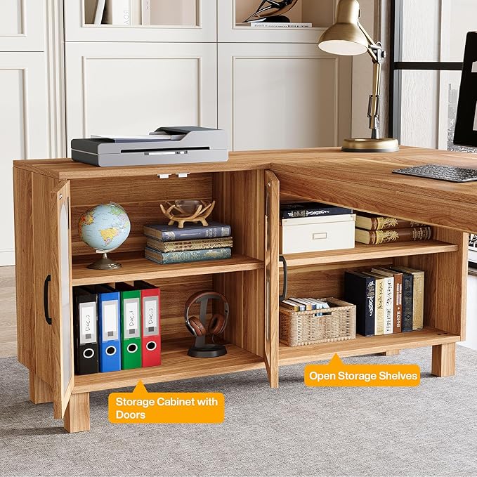 Tribesigns L-Shaped Desk with File Cabinet, 59-Inch Executive Office Desk with Storage Shelves, Wooden Study Writing Desk Farmhouse Corner Computer Desk for Home Office, Rustic Brown