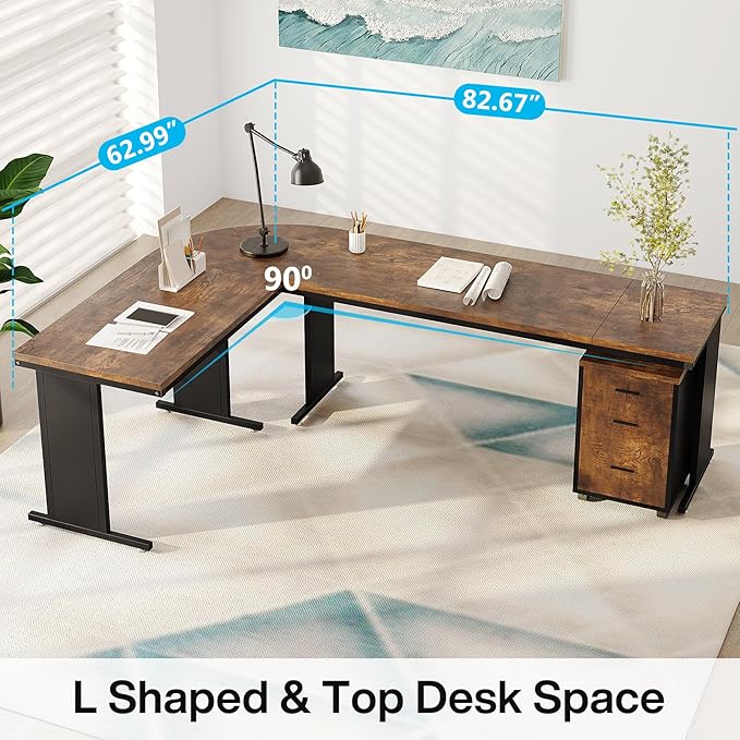 Tribesigns 83" L-Shaped Executive Desk, Large Office Desk with Drawers, Industrial Corner Computer Table with Rolling File Cabinet, Business Workstation for Home Office (Brown, 83 Inches)