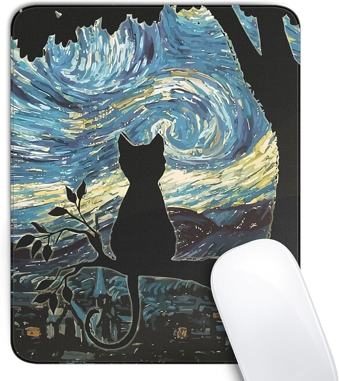 Cute Black Cat Square Mouse Pad,Aesthetic Cat Mouse Pads for Wireless Mouse Desk Accessories,10"X8" Travel Mousepad with Non-Slip Rubber Base, Stitched Edge Mouse Pads for Desk,Computers,Laptop,Office