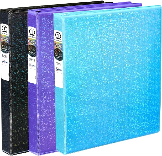 Avery® Holographic 3 Ring Binder, 1" Round Rings, 1 Black Binder | For School, Home and Project Organization, 3D Rainbow Holographic Cover, Customizable View Cover and Spine, Clear Pockets