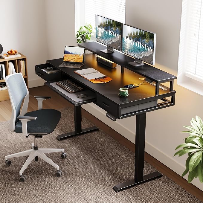AODK 55 Inch Electric Standing Desk with Drawers & Keyboard Tray, Black | Power Outlet, LED Lights, Monitor Stand, Cable Management Tray, 3 Memory Heights, 29.9"-46.1" in Range