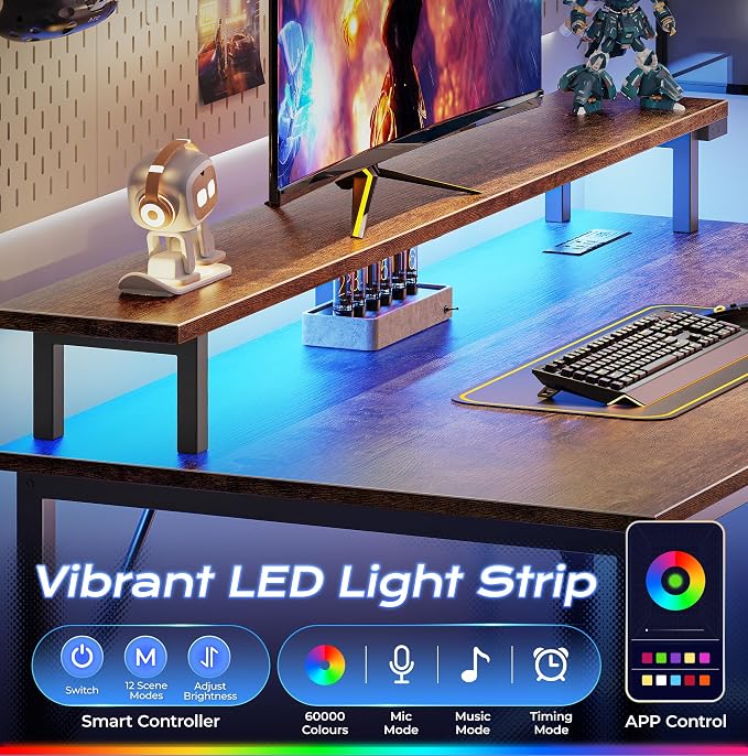40 inch Gaming Desk, LED & Outlets, Monitor Stand, Rustic Brown | Sturdy PC Desk for Home Office, Study & Work, LED Lights, 4 AC Outlets & USB-C Charging Station