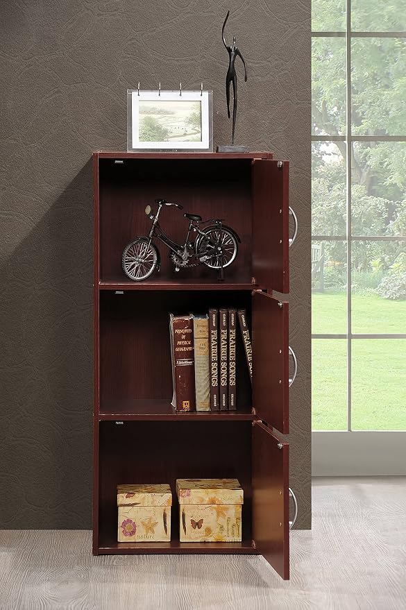 Hodedah 3-Shelf, 3-Door Bookcase in Mahogany