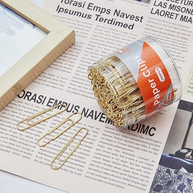 NEEWAY Gold Paper Clips, 200 Count Large Size, 2 Inch Jumbo Paperclips, Stylish Gold-Plated Paper Clip
