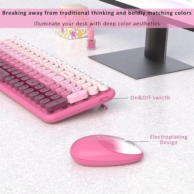 UBOTIE Wireless Keyboards and Mouse Combo (Rosy Gradient) | Colorful Gradient Rainbow Color Retro Typewriter Flexible Keyboard, 2.4GHz Connection and Optical Mouse for PC Wins Mac