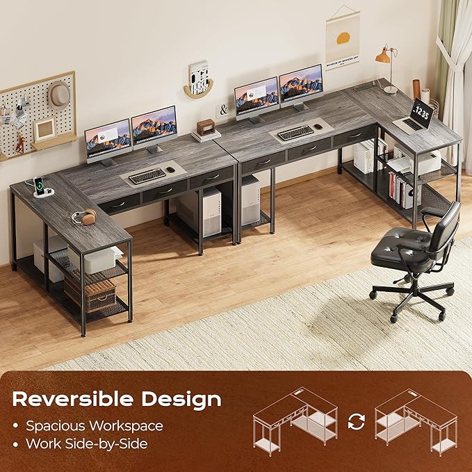 55 Inch L Shaped Office Desk with Power Outlets and Type-C Port, Large Computer Gaming Desk with 3 Fabric Drawers, Mesh Shelves, Corner Study Work Writing Desk, Grey