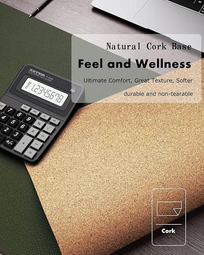 YSAGi Double-Sided Desk Pad, 31.5"x15.7" Leather Desk Mat, Eco Cork Desk Pad Protector,Large Mouse Pad,Waterproof Desk Blotter for Office/Home (Dark Green/Cork)