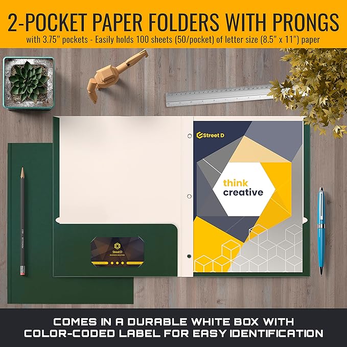 Better Office Products Dark Green 2 Pocket Folders with Prongs, 50 Pack, Letter Size, Matte Texture, 8.5 x 11 Inch