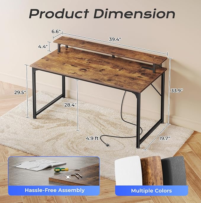 40 inch Gaming Desk, LED & Outlets, Monitor Stand, Rustic Brown | Sturdy PC Desk for Home Office, Study & Work, LED Lights, 4 AC Outlets & USB-C Charging Station