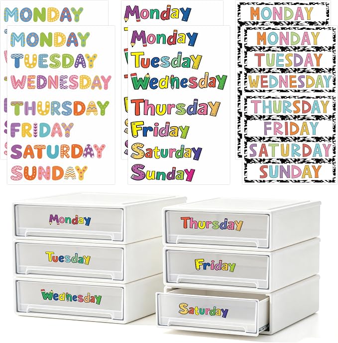42 PCS Days of The Week Stickers for Drawers and Clothes Organizer | Plastic,Colorful,Monday Through Sunday Labels,Day Labels for Organizer Planner Whiteboard Decals Teacher Classroom