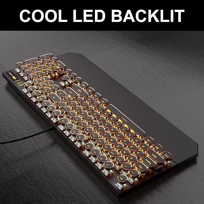 MageGee Typewriter Mechanical Gaming Keyboard, Retro Round Golden Electroplated Keycaps, LED Orange Backlit Wired Keyboards for Laptop PC Gamer, with Magnetic Wrist Rest, Metal Panel, Blue Switch
