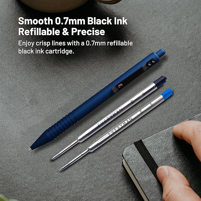Everyman Midnight Super Matte Grafton Pen & Refill Set | Refillable Metal 0.7mm Gel Pen with 3 Smooth Black Ink Refills | Premium EDC Writing Tool for Office, Work, Travel & Gifting
