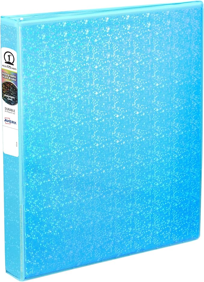 Avery® Holographic 3 Ring Binder, 1" Round Rings, 1 Aqua Binder | For School, Home and Office Organization, Customizable View Cover, 3D Holographic Rainbow Cover, Nonstick PVC-Free Pockets