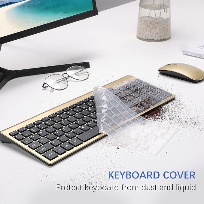 Wireless Keyboard and Mouse Ultra Slim Combo, TopMate - Gold Black | 2.4G Silent Compact 2400DPI Mouse and Scissor Switch Keyboard Set with Cover, Batteries Included, for PC/Laptop/Windows/Mac