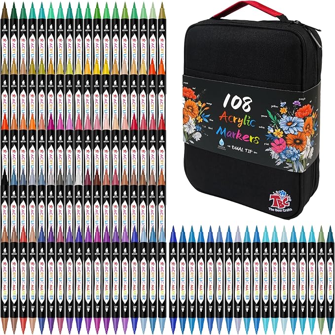 TBC The Best Crafts Acrylic Paint Markers, 108 Colors Dual Tip | Double Zipper Canvas Bag – Waterproof, Non-Toxic, Art Supplies for Wood, Glass, Rock, Ceramic – Gift for Artists & Hobbyists