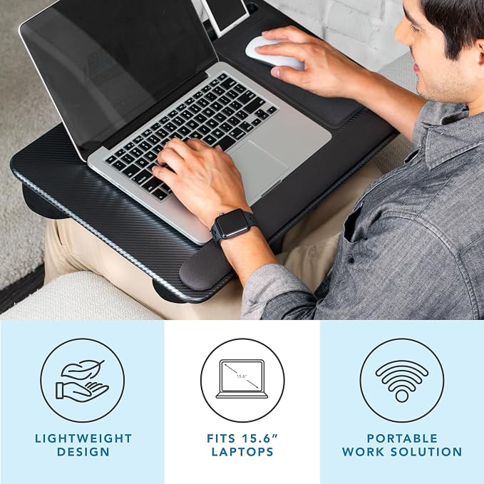 LAPGEAR Home Office Pro Lap Desk - Black Carbon, Fits 15.6” Laptops | Built-In Mouse Pad & Phone Slot, Wide Cushioned Wrist Rest, Dual-Bolster Microbead Cushion, Carry Handle