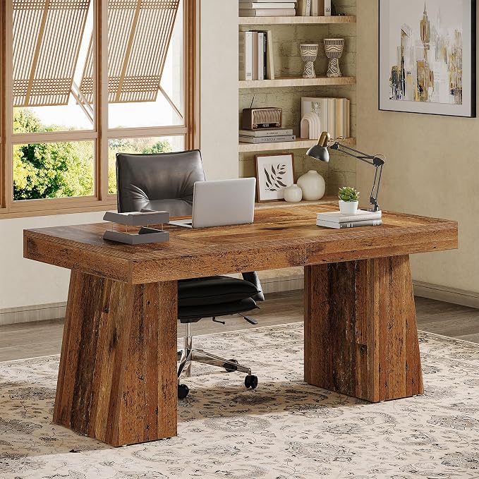 Tribesigns 55" Executive Desk, Wooden Office Desk with Double Pedestal, Modern Simple Computer Writing Table for Home Office, Mix Brown