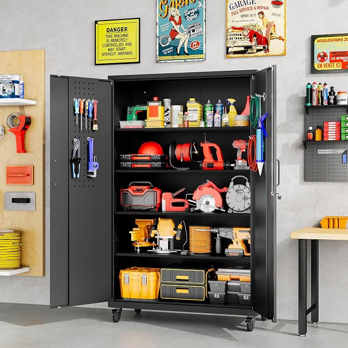 Wide & Deep Metal Storage Cabinet with Wheels,Tall Rolling Garage Storage Cabinet with Lock,Black Metal Cabinets with Shelves and Pegboards,Tool Locker for Garage,Home,Office,43''Wx 20''Dx71"H