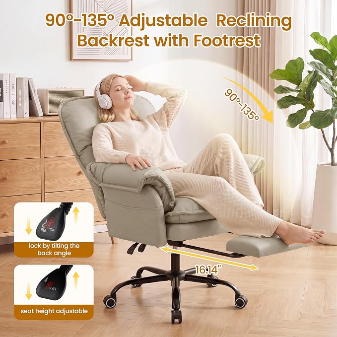 Criss Cross Office Chair with Flip Arms & Footrest, Comfy Desk Chair,Cream | Cross Legged Office Chair, Wide Seat Reclining Desk Chair with Wheels, Vanity Chair with Pocket Spring Seat and Side Pockets