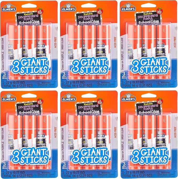 Elmer's Disappearing Purple School Glue Sticks, Washable, 22 Grams, 18 Sticks Total (Packaging May Vary)
