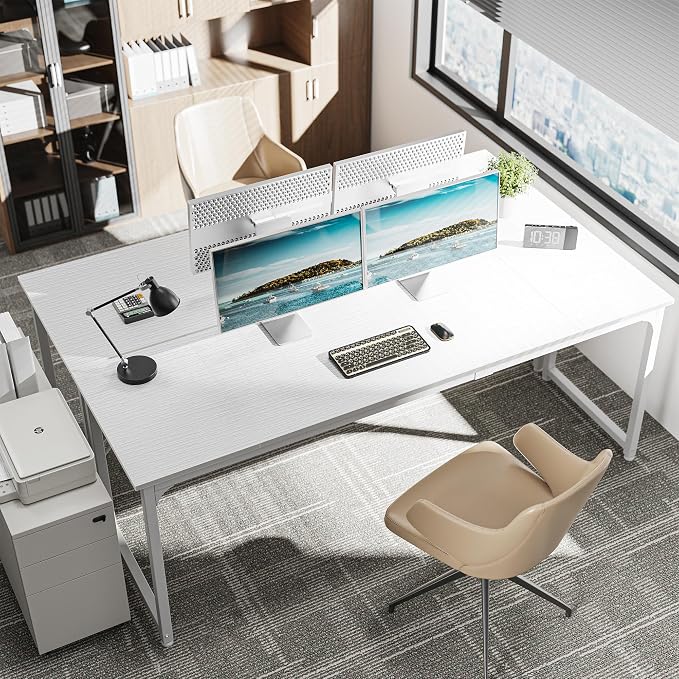 Huuger Computer Desk, 80 Inch Office Desk, Gaming Desk with Storage, Writing Desk Work Desk for Home Office, Study, Long Simple Desk, Large Legroom, Metal Frame, White