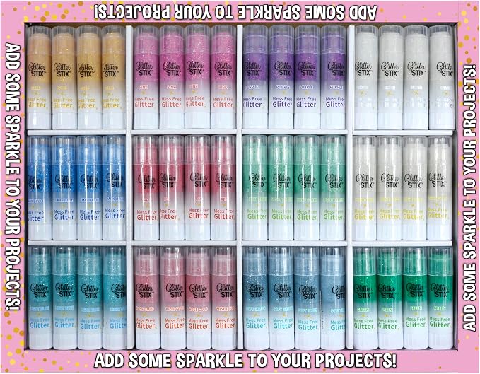 Glitter Stix 96-Pack Mess-Free Glitter Sticks - Bulk Classroom Set, 8 Each of 12 Colors, Solid Shimmer Topcoat for Coloring Pages, Crafts & Art Projects, No Loose Glitter or Glue, Pairs with Kwik Stix