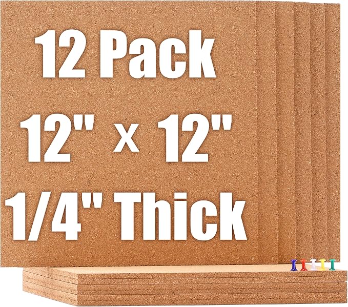 SUNGIFT Cork Board 12"x12" -12 Pack Square Decorative Cork Tiles 1/4" Thick | Bulletin Boards with 100 PCS Push Pins, Double-sided Adhesive Corkboards Tiles For Wall Office