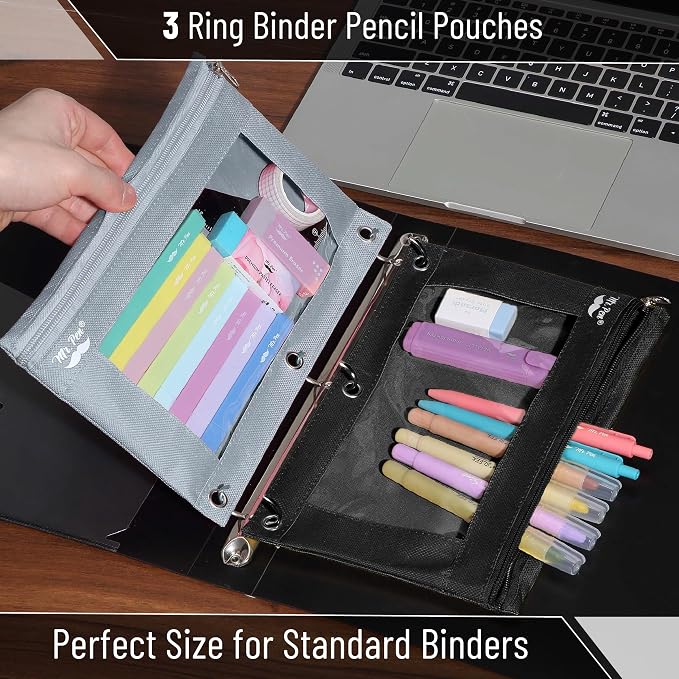 Mr. Pen- Pencil Pouch for 3 Ring Binder, 2 Pack, 10"x6.75", Smooth Zipper | Clear Window, Large Capacity Pencil Case with 3 Reinforced Grommets for School, Office, Supplies Storage