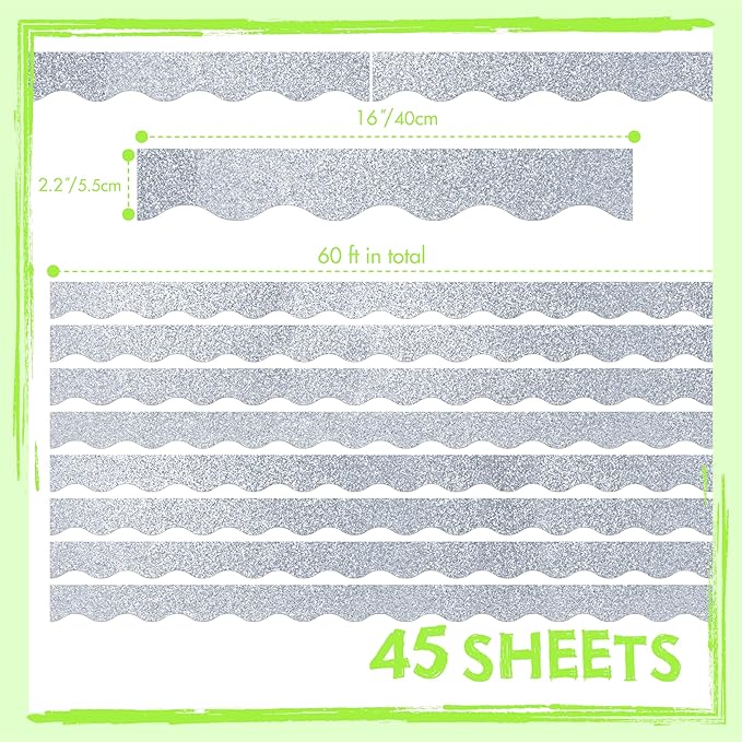 60 Feet Bulletin Board Borders, 45 Sheets Silvery Glittering Scalloped Border Trim, Walls, Desks, Windows, Doors, Chalkboards, Whiteboards Decors for School, Classroom, Home & Offices
