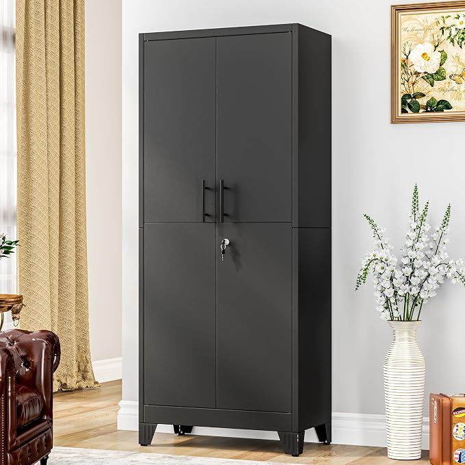 GAIOUS 71" Tall Metal Pantry Storage Cabinet with Lock, File Cabinet Black | 2 Doors Freestanding Steel Bookcase with Adjustable Shelves, Heavy Duty Lockable Office Cabinet, Garage Utility Organizer