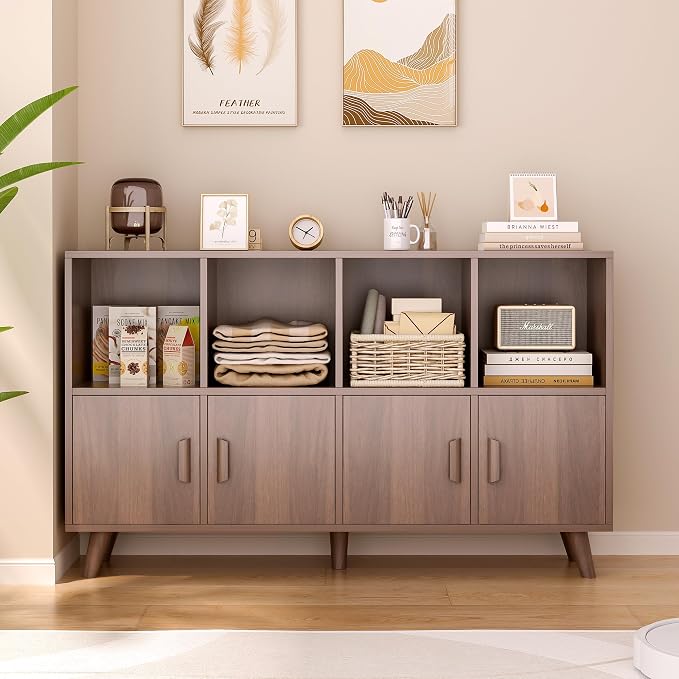 8-Cube Bookcase with Doors, 2-Tier Low Storage Cabient, Walnut | Solid Wood Legs and Door Handles, Cubby Shelf with 4 Doors, Fits 11×11" Bins for Home & Office