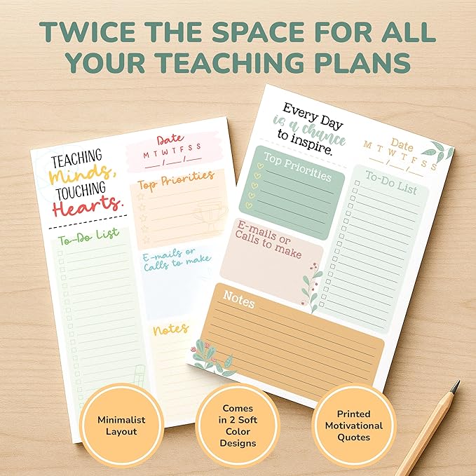 Decorably 2-Pack 50 Sheets Minimalist Undated Teacher To Do List Notepad, 5.5x8.5in Spring-Bound, Easy Tear-Off Design, with Top Priorities, Daily Focus, Contacts, Notes - Home, School