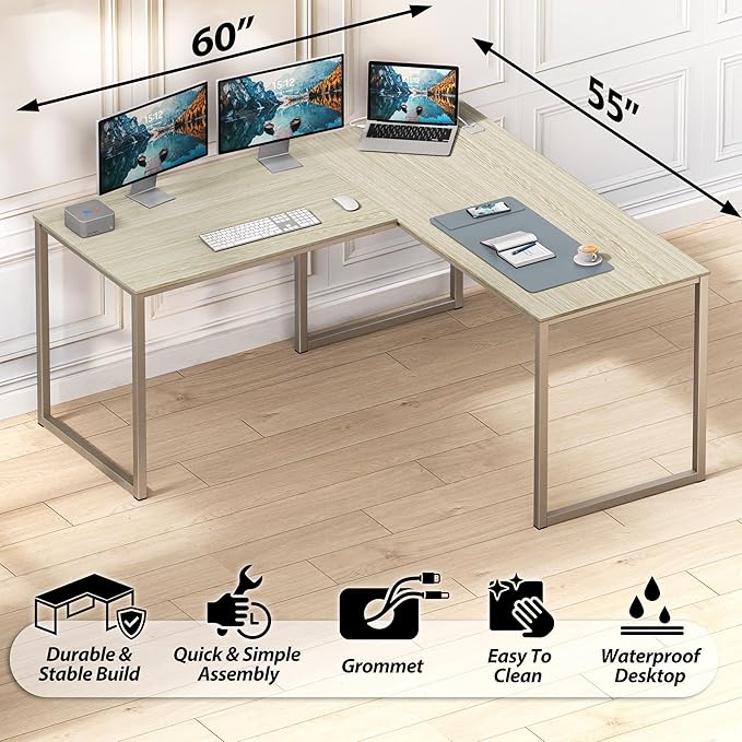 SHW Mission 55 x 60 L-Shape Home Office Computer Desk, Maple | Reversible Desktop Design