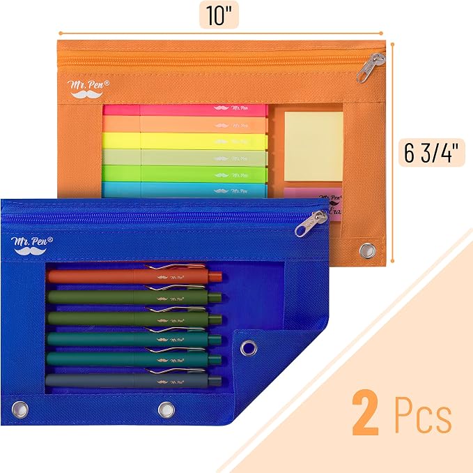 Mr. Pen- Pencil Pouch for 3 Ring Binder, 2 Pack, 10"x6.75", Smooth Zipper | Clear Window, Large Capacity Pencil Case with 3 Reinforced Grommets for School, Office, Supplies Storage