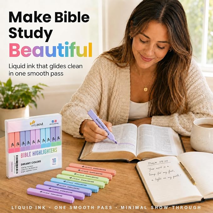 10 Aesthetic Bible Highlighters - Chisel Tip Liquid Ink Marker | Pen with Snap Caps for Clean Highlighting - Assorted Colors, No Bleed & Quick Dry - Bible Marker for Journaling & Studying