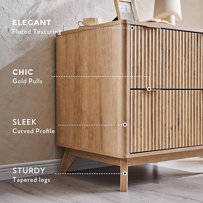 T4TREAM 31.8-Inch Fluted 2 Drawer Lateral File Cabinet, Natural Oak | Filing Cabinet with Files Hanging Rod for Letter, Legal, A4, Large Tabletop for Printer, Wood Printer Cabinets, Home Office