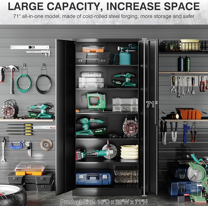 Metal Storage Cabinet with 2 Doors and 6 Shelves,Black Metal Cabinet with Lock,71" Lockable Garage Storage Cabinets,Locking File Cabinet,Steel Tool Cabinets for Home,Office,Garage,Shop,School