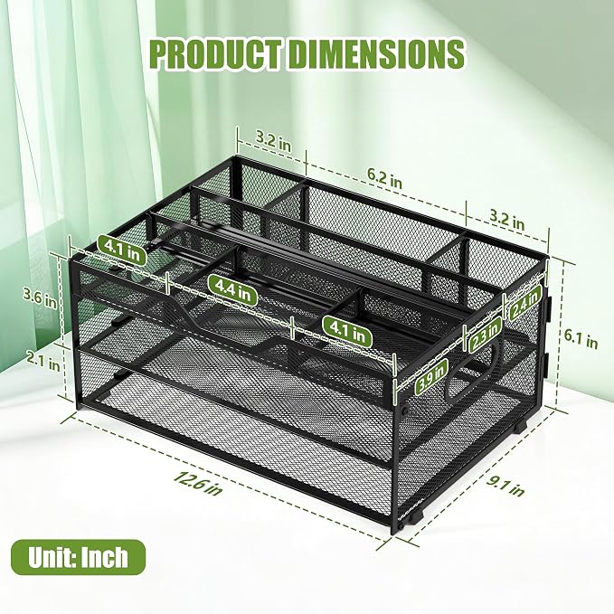 3 Tier Metal Desk Organizer with Magazine File Holder, Black | Space saving workspace desk file trays. Includes pencil holder and portable handles. Ideal for school and office supplies