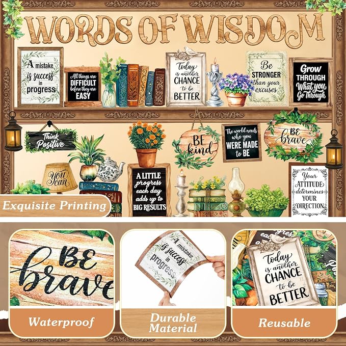 Mooliwe 57 Pcs Greenery Bulletin Board Set Classroom Decor Vintage Plant | Motivational Quotes for School Office, Plant Cutouts with Greenery, Farmhouse Style Chalkboard Classroom Wall Decor