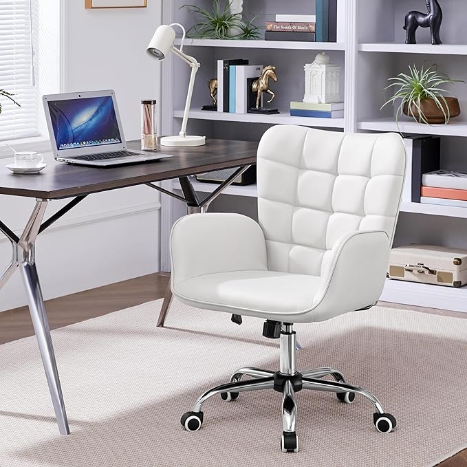Yaheetech Modern Faux Leather Office Chair Ergonomic Adjustable Makeup Chair with Padded Armrests Big Seat for Office, Bedroom, Living Room, White