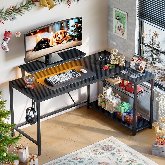 Bestier 58-Inch L-Shaped Gaming Desk with Charging & LED, Black | Charging 3AC+2USB, RGB LED Strip, Reversible Shelves, Monitor Stand, Headphone Hook, Metal Mesh Shelf, 58 in