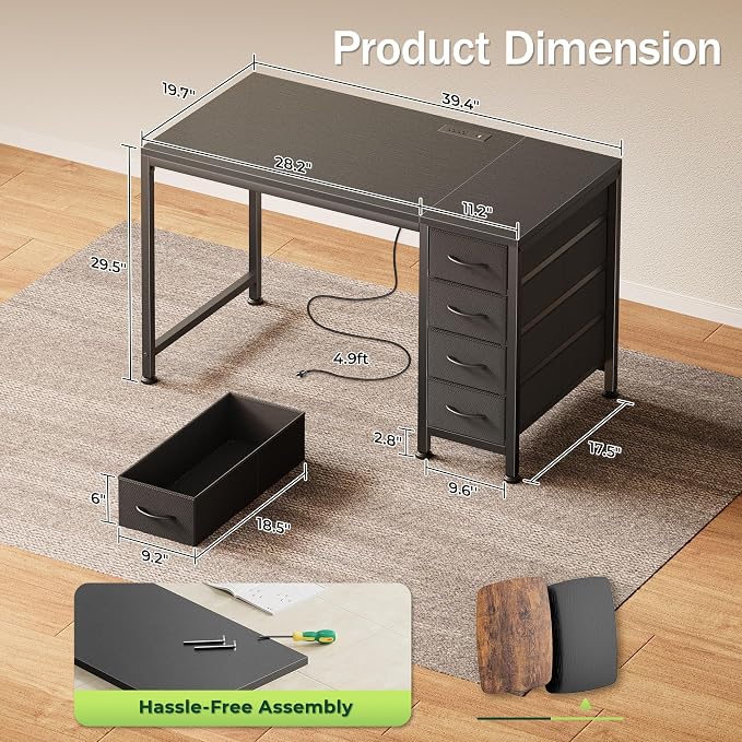 39.4 Inch Computer Office Desk with Power Outelts and USB-C Port, Reversible Gaming Desk with 4 Fabric Drawers, Work Study Desk Work from Home, Black