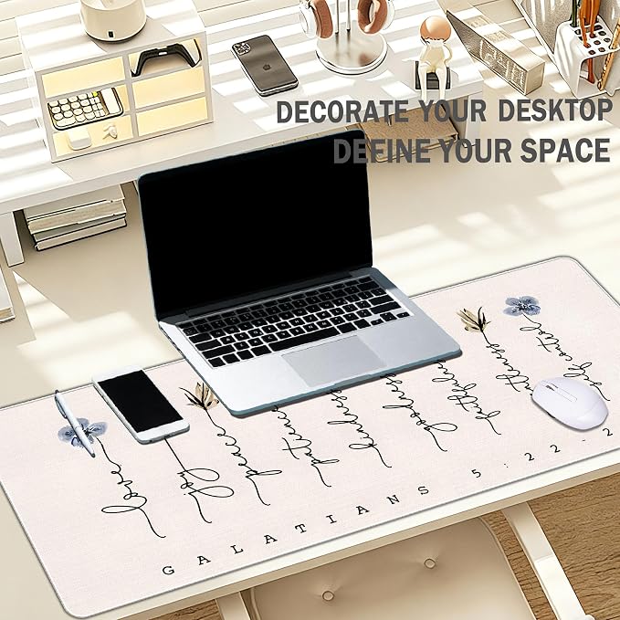 Christian Desk Mat Bible Verses Mouse Pad Flroal 31.5x11.8 | Gakatians 5:22, Bible Christian Desk Accessories, Light Pink Computer Mat for Office, Church Religious Gifts for Women