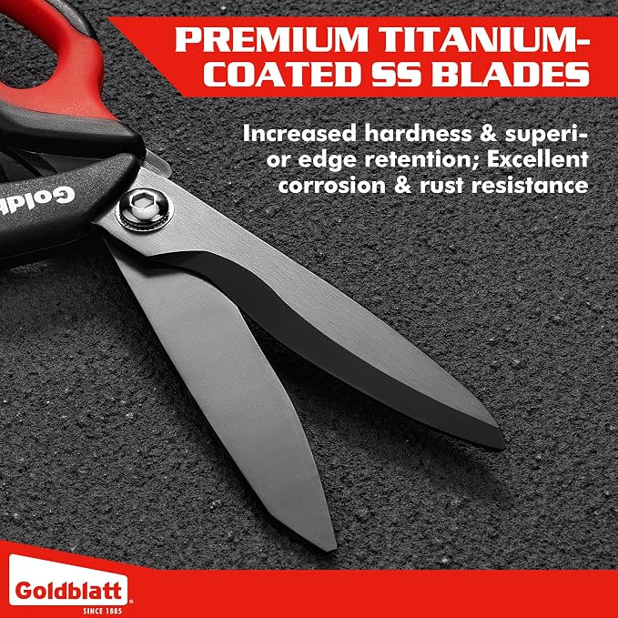 Goldblatt 10-Inch Heavy Duty Scissors, Multipurpose Shop Scissors | Curved Titanium Blades and Serrated Edge for Easy Cutting of Aluminum Sheets, Pruning, Rope and Leather