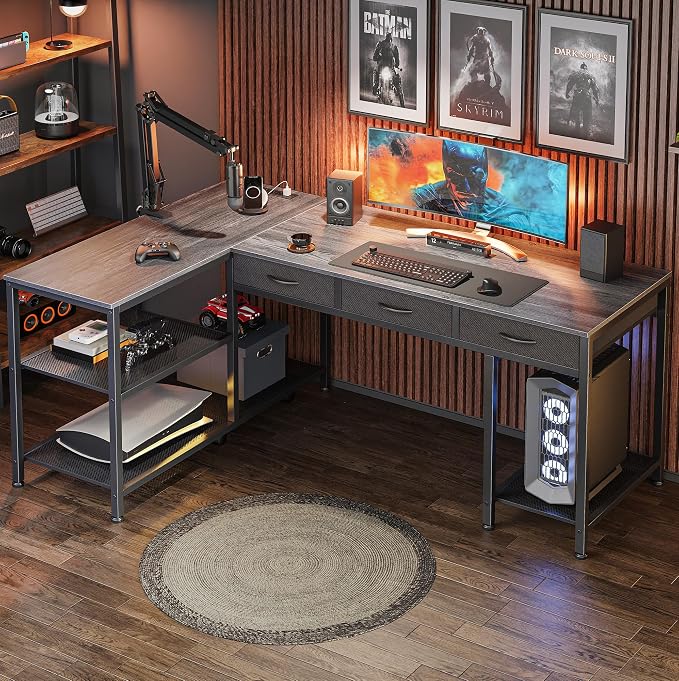 55 Inch L Shaped Office Desk with Power Outlets and Type-C Port, Large Computer Gaming Desk with 3 Fabric Drawers, Mesh Shelves, Corner Study Work Writing Desk, Grey