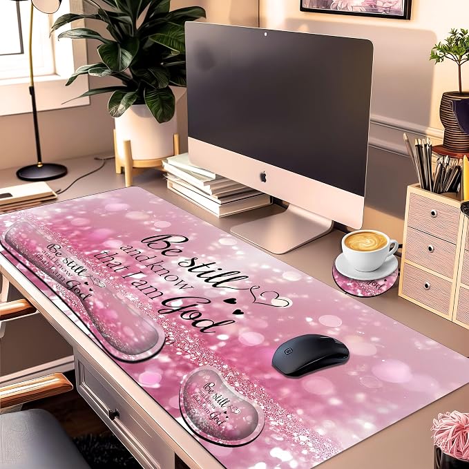 Large Gaming Mouse Pad Set 35.4 x 15.7 with Keyboard Wrist Rest, Wrist Support, and Coaster Memory Foam Smooth Desk Pad Mousepad for Home Office School - Christian Bible