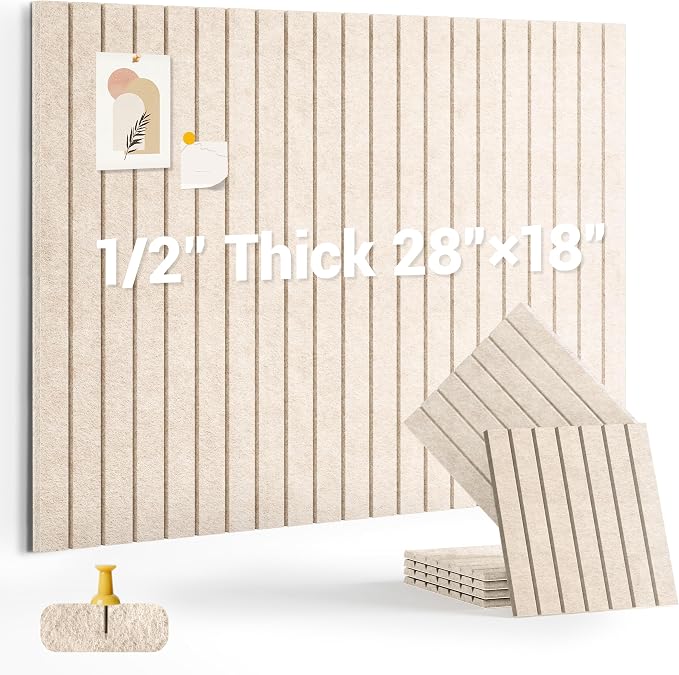 28" x 18" Felt Bulletin Board Tiles 1/2" Thick, Beige | 6 Pack Felt Tiles, Large Cork Board Alternative, 30 Adhesive Tabs, Pin Board for Home Office Decor with Easy Install